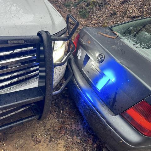 Police blocked in Goodwin’s vehicle, which didn’t have a license plate, after he crashed on a four-wheeler trail.