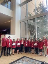 Shown from left are the winning FCCLA students, their categories and their medals and places: Lane Harper-Entrepreneurship Level 3, Gold, first place (perfect score); Braelyn Ingram- Community Service Display Level 3, silver medal; Brianna Fleming-Chapter and Review Display Level 3-Silver, 4th place; Ana Kathrine Whisnant-Job interview Level 1-Gold, 5th place; Caroline Whisnant-Job Interview Level 1-Gold, 1st place; Addie Hill- Entrepreneurship Level 1-Gold, 1st place; River Hargett-Interior Design Level 1-